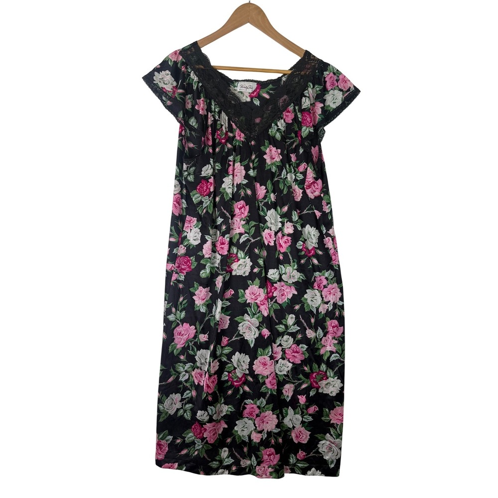 Vtg Vanity Fair Black Floral Nightgown Lace Trim Grannycore 90s Made in USA Sz L